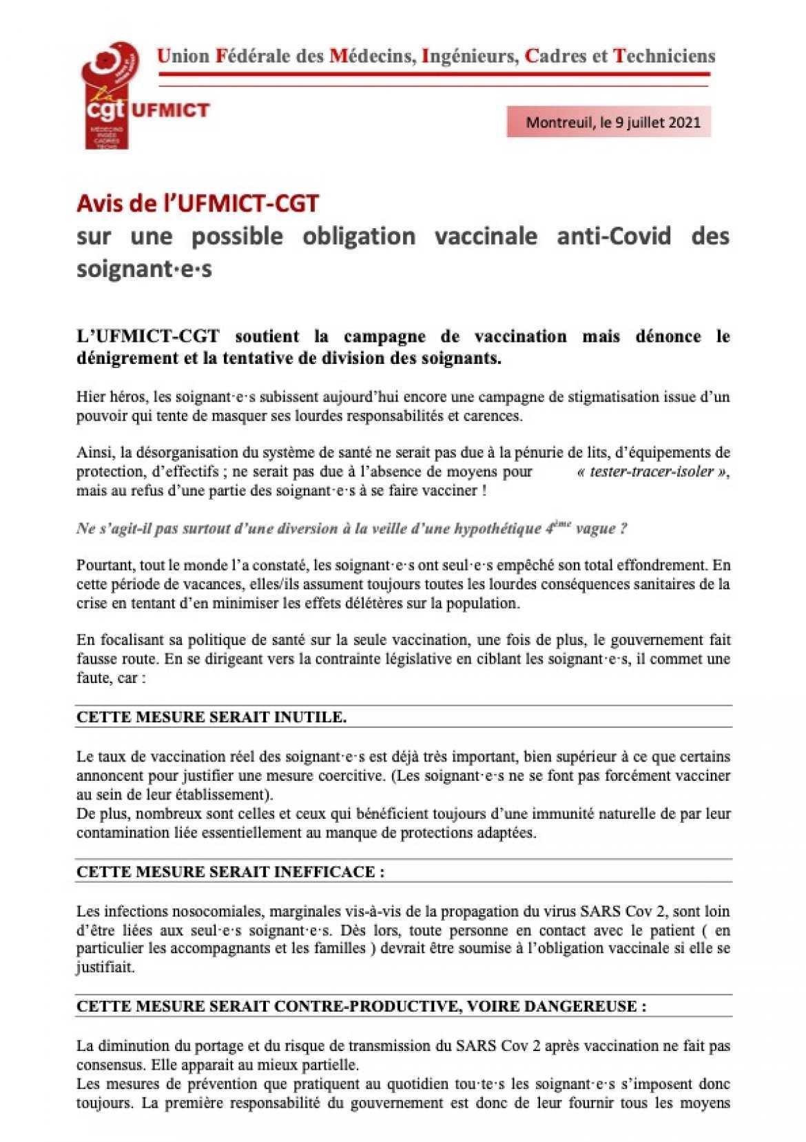Avis UFMICT-CGT sur une possible obligation vaccinale anti-Covid des soignant.e.s