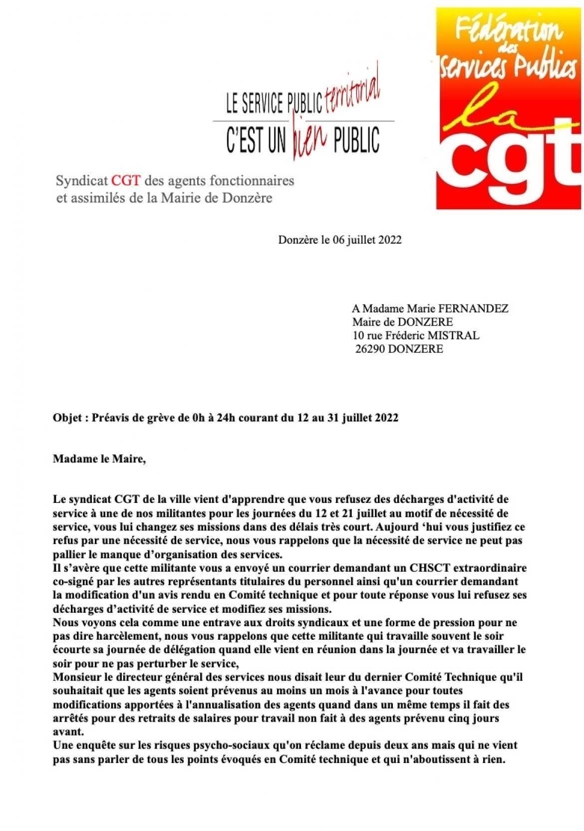 Préavis de grève Mairie de Donzère - p.1