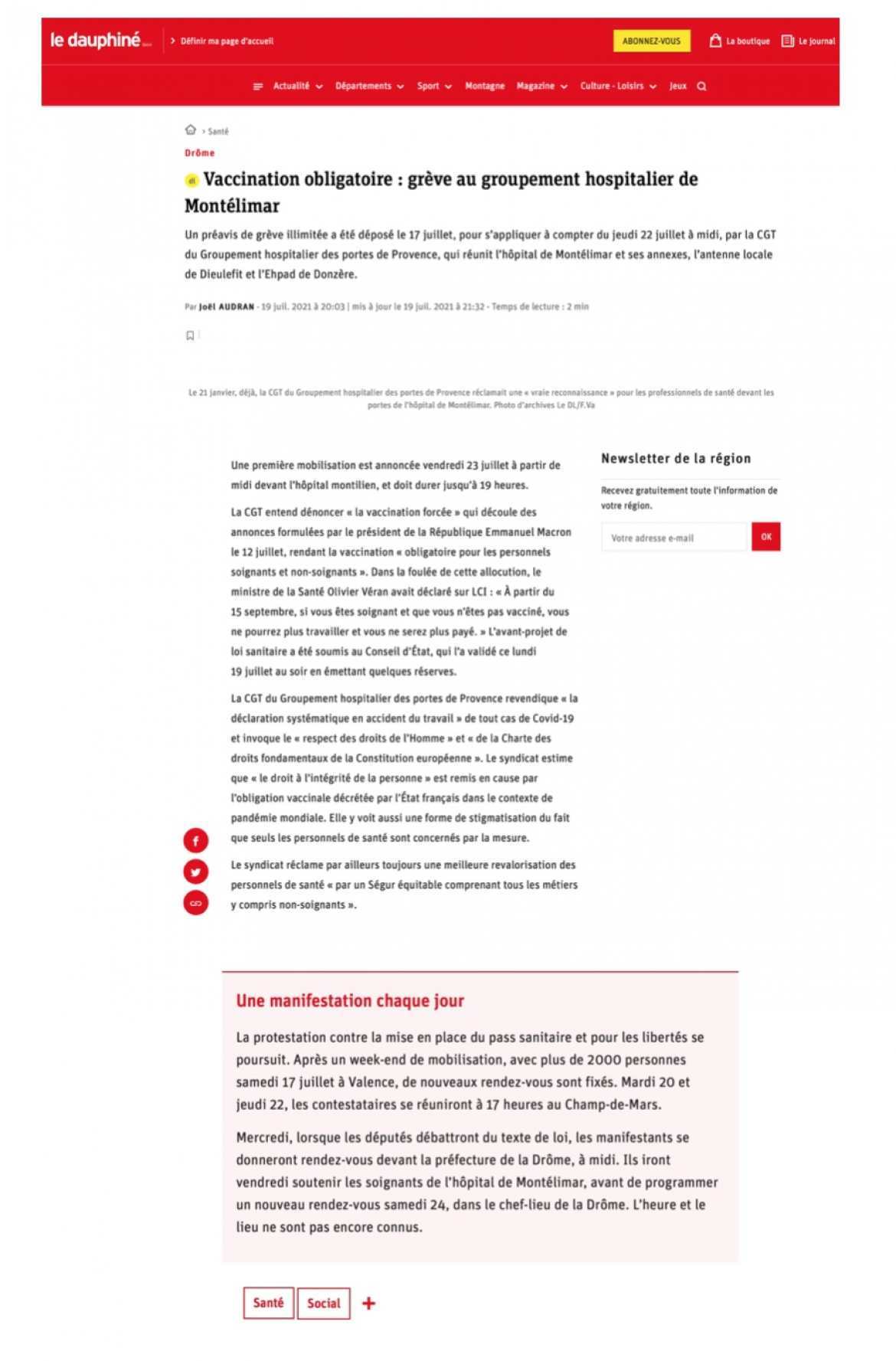 Vaccination obligatoire, grève au groupement hospitalier de Montélimar - Article Dauphiné Libéré - 20/07/21