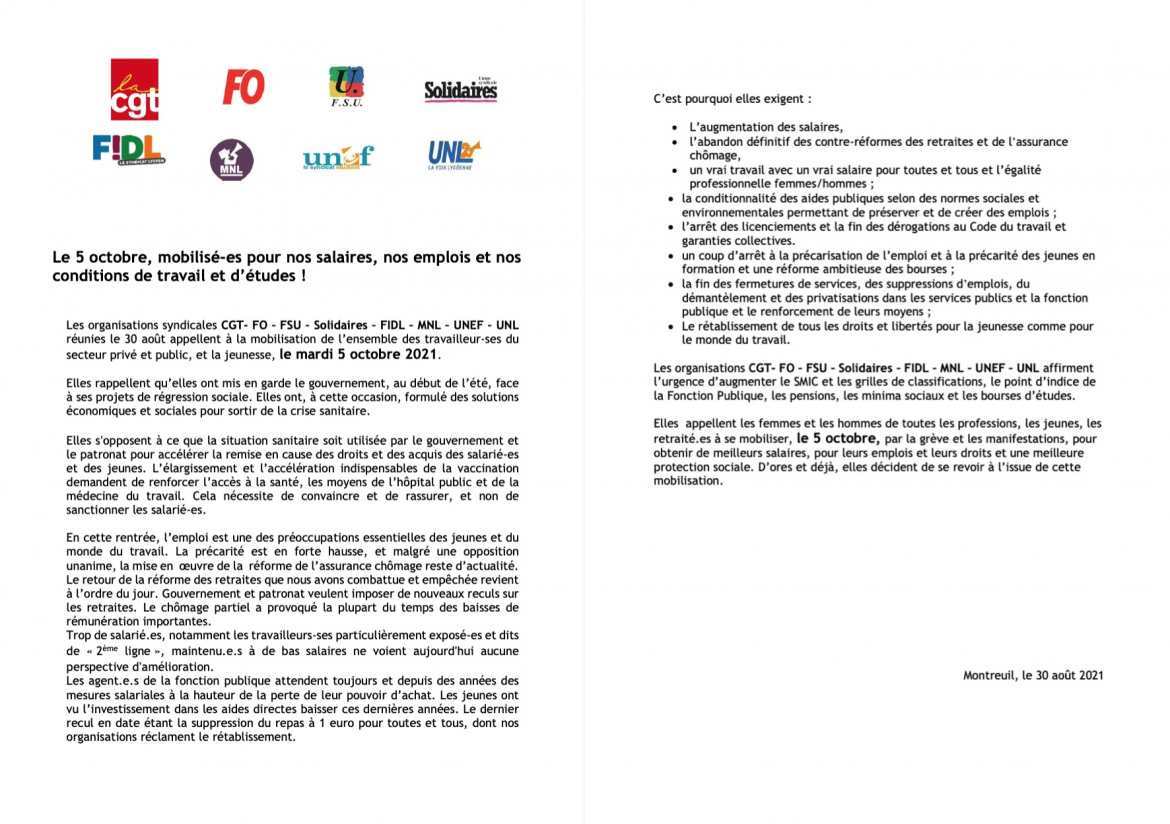 Communiqué intersyndicale pour une mobilisation le 5 octobre 2021