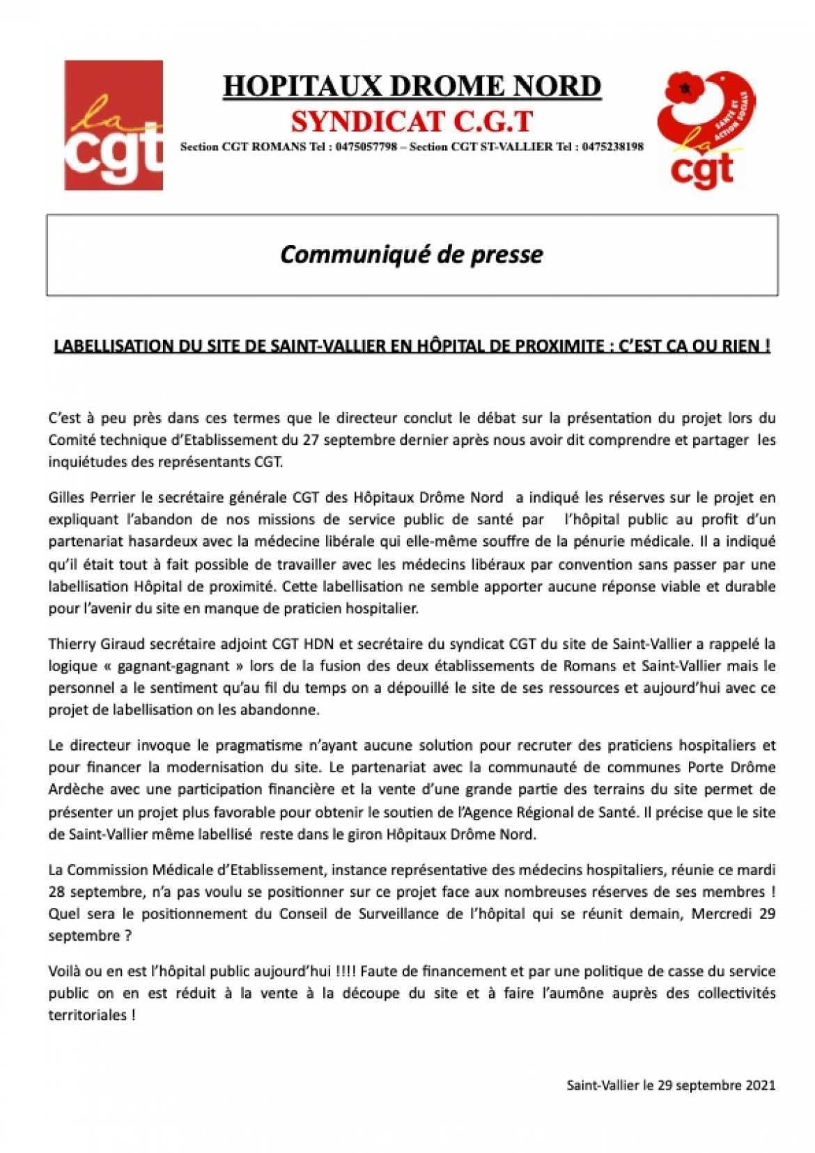 Communiqué de presse du syndicat CGT-HDN concernant le projet de labellisation du site de Saint-Vallier en hôpital de proximité.