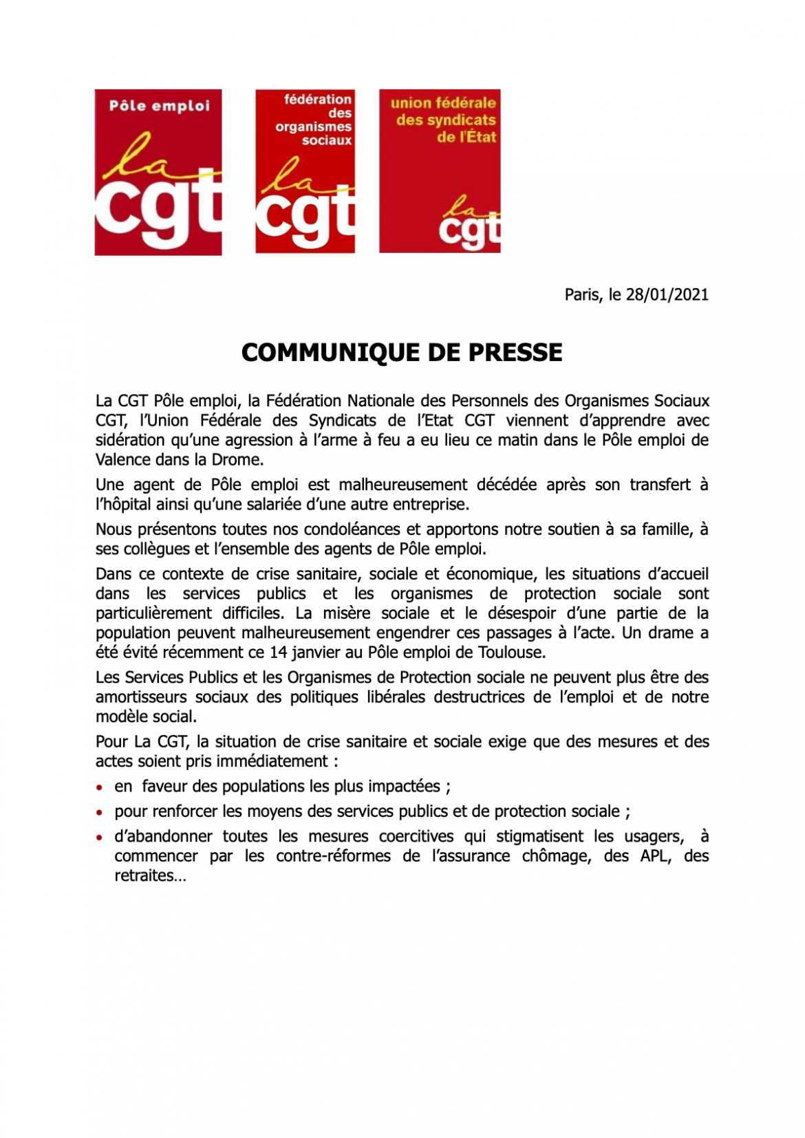 Communiqué de Presse CGT Pôle Emploi, Fédération des organismes sociaux, union fédérale des syndicats de l'Etat - 28/01/21