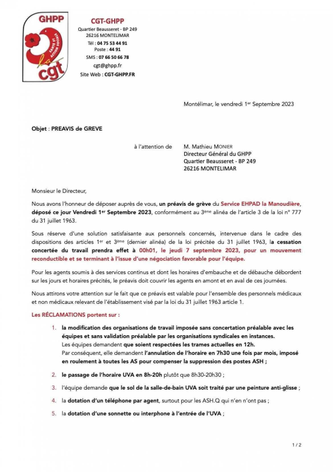 Préavis de grève - Manoudière - Sept 2023 - 1/2