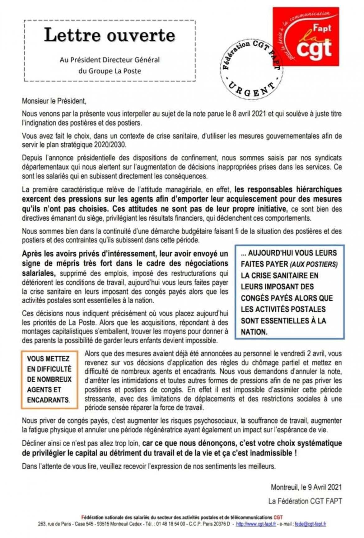 Lettre ouverte au PDG de la Poste - FAPT  9 avril 21