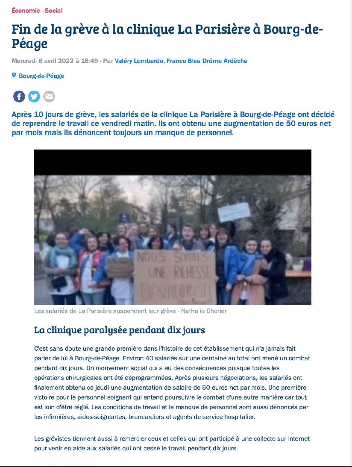 Article de Valéry Lombardo sur France Bleue Drôme Ardèche